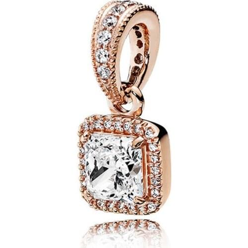 Original 925 Sterling Silver Creative Rose Gold Square With Crystal Pendant Fit Pandora Women Bracelet & Necklace Diy Jewelry