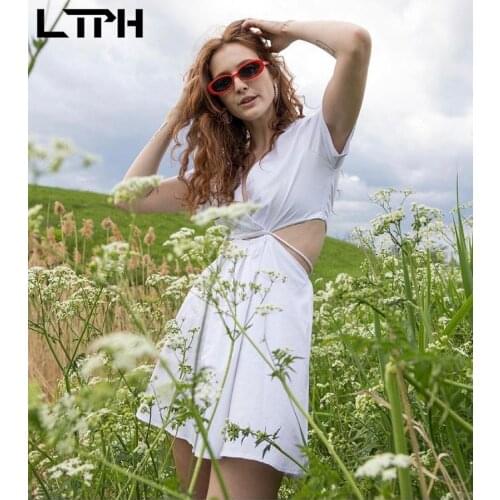 LTPH elegant French Poplin white dress women sexy high waist A-line vintage sweet short sleeve V-neck dresses 2021 summer new