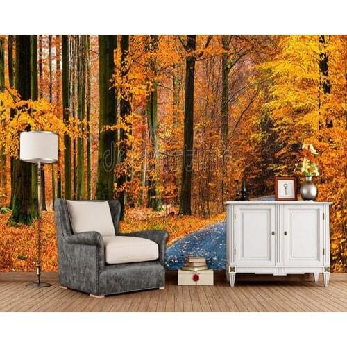 Papel de parede Autumn golden beech forest road 3d wallpaper,living room TV sofa wall bedroom restaurant cafe bar office mural