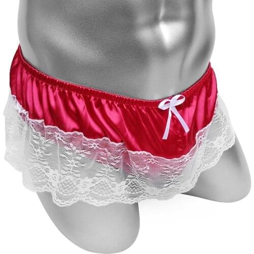 Lacework Sexy Brief Thong For Mens Underwear Shiny Satin Erotic Lingerie Sissy Panties Bulge Pouch Bikini Underpants