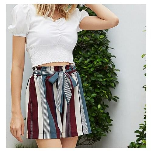 Women Original Design Cross-Ladies Printed Floral Holiday Leisure Lace-Up Striped High Elastic Waist Wine Red Shorts For Adults