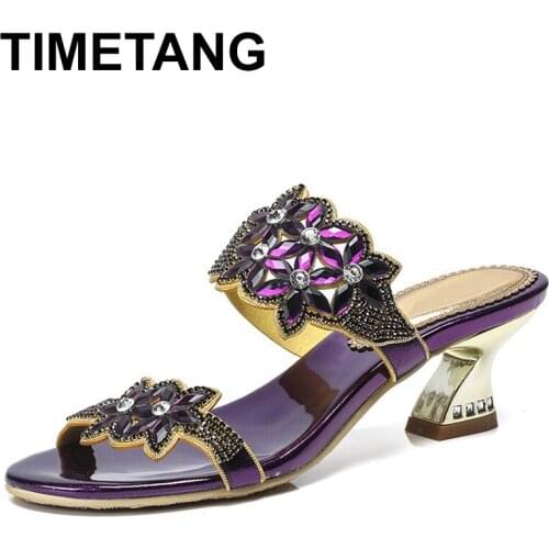 TIMETANGBlue Crystal Flower Women Summer Sandals 2 Inch Performance Lady Dress Show Heel Slipper Chunky Heel Prom Wedding Party