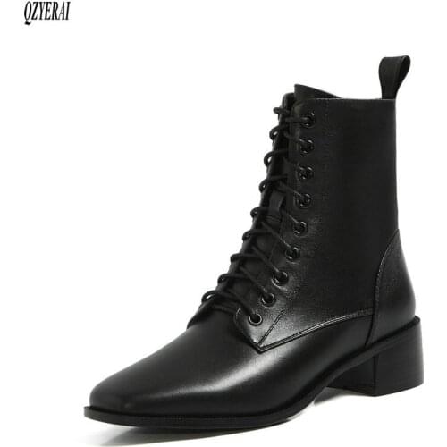 Ankle Women boots Genuine leather Female boots Motorcycle boots New autumn/winter 2020 lace-up Women shoes cowhide Size 34-43