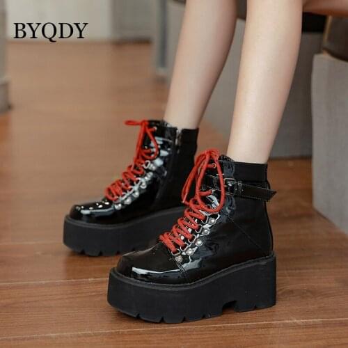 BYQDY Chunky Heels Woman Platform Boots Punk Patent Leather Buckle Strap Round Toes Creeper Winter Boots For Black Friday New