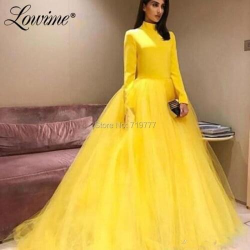 Formal Muslim Evening Dresses Yellow Long Sleeves Tulle Dubai Arabic Middle East Women Party Gowns 2019 Cheap Prom Dress Vestido