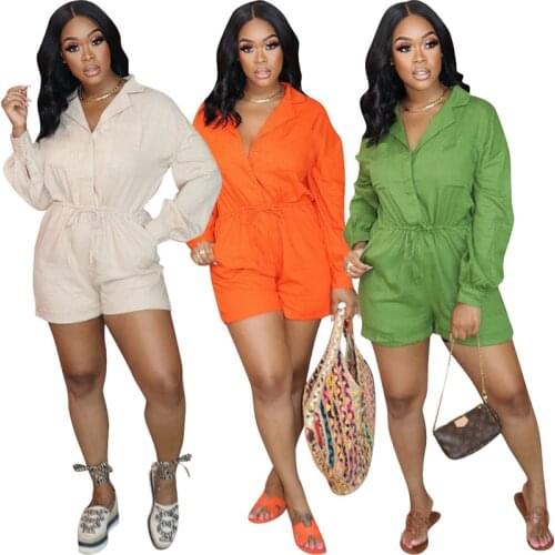 2021 Summer Fashion Women Long Sleeve Jumpsuits Solid Turn Down Collar Casual One Piece Overalls Waist Bandage Bodycon S-XXL