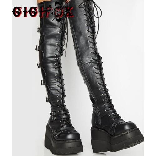 Brand Design Big Size 43 Shoelaces Cosplay Motorcycles Boots Buckles Platform Wedges High Heels Thigh High Boots Women Shoes