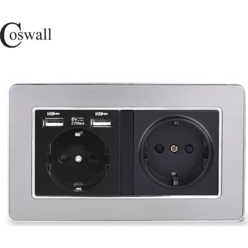 COSWALL Silver Stainless Steel Panel Russia Spain EU Wall Socket With Dual USB Charging Port Black Color