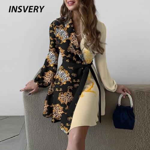Elegant Floral Print Dress Women Elegant Lace Up V Neck Party Dress Autumn Long Sleeve Dresses For Women Fashion Mini Dress