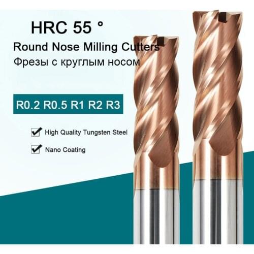 R0.2 R0.5 R1 R2 R3 HRC55 Tungsten Carbide Corner Radius End Mills CNC Milling Cutter 4 Flutes CNC Tools Round Nose Router Bit