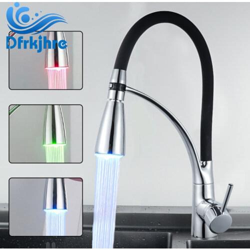 Chrome Kitchen Faucet LED Rubber Design Chrome Mixer 360 Rotation Sink Faucet Kitchen Single Handle Pull Down Deck Mounted Crane