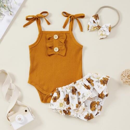 3PCS Summer Cute Baby Girls Clothes Sweet Solid Color Suspender Jumpsuit and Ruffle Shorts with Headband Casual Toddler Suit