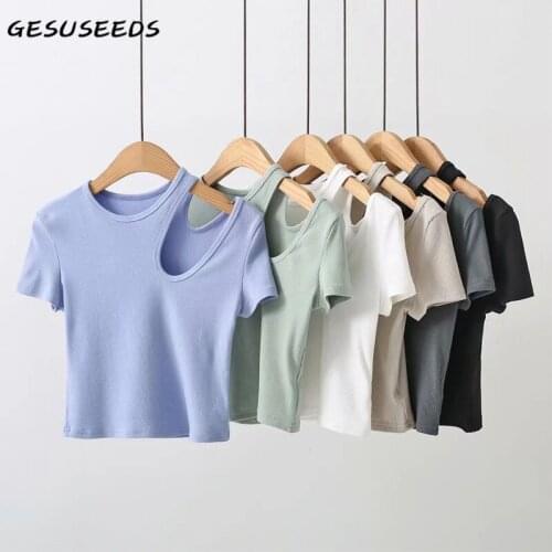 Summer casual t shirt women korean knitted t shirt sexy hollow out top solid short sleeve cropped tees white black t shirt green