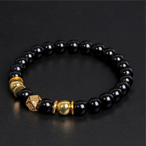 Handmade Men Bracelet Black Onyx Beads Bracelet Round Metal Ball Charm Yoga Healing Bracelet Energy Jewelry Homme Gifts Male