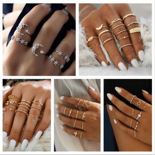 Boho Vintage Gold Metal Knuckle Rings For Women Crystal Moon Star Geometric Twist Female Finger Rings Set Fashion Jewelry 2021