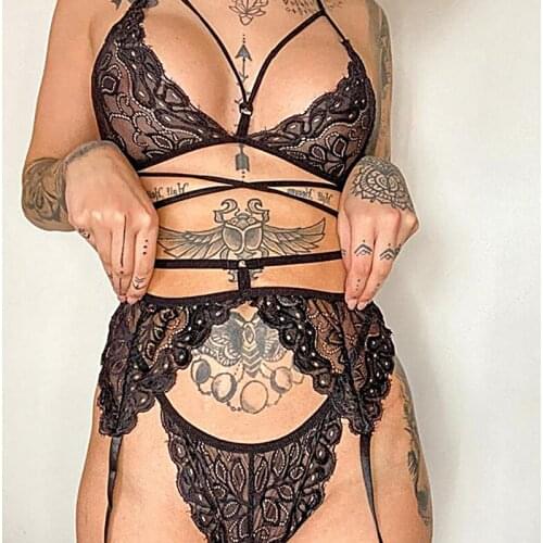 Lingerie Sexy Women See Through Lace Underwear 3 Pieces Exotic Sets Black Cross Bandage Under Wear Clothing for Sex Femme Corset
