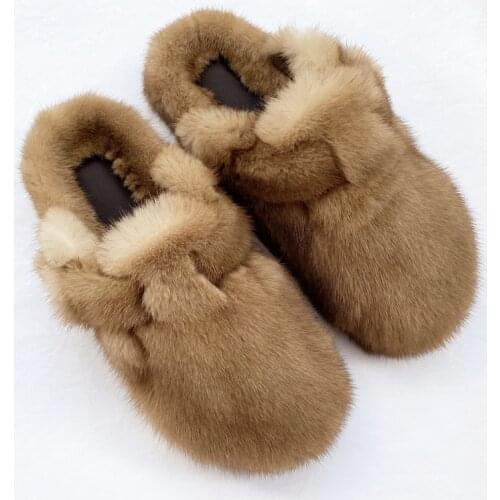 New Designer Fur Slippers 100% Mink Slippers Luxury Ladies Toe Cap Shoes Cute Fur Slippers Real Mink Fur Flats