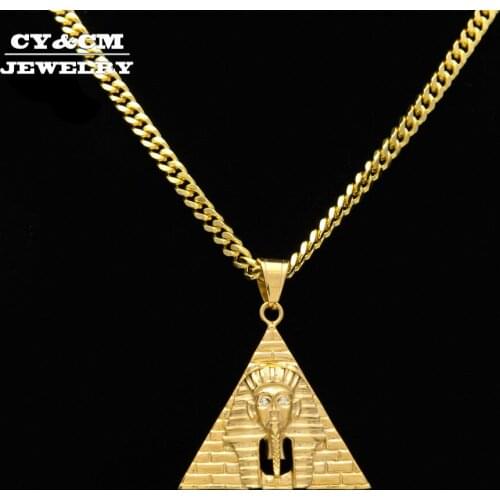 CY&CM Men Punk Egyptian Pharaoh Pendant Stainless Steel Gold Color Rhinestone Pyramid Charm Necklace Fashion Hip hop Jewelry