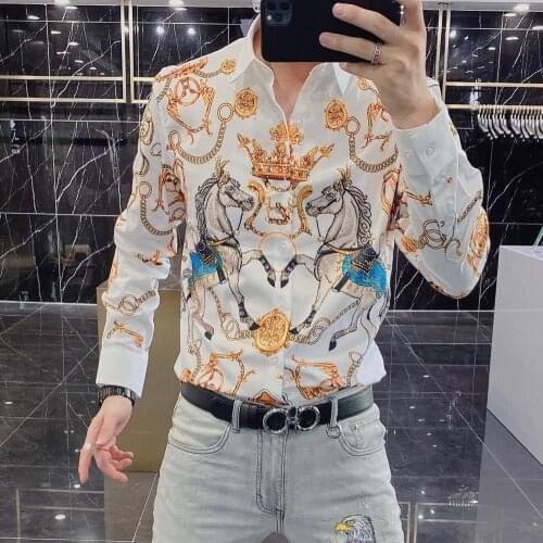 Luxury Rhinestone Long Sleeve Shirts Men Printed Social Party Blouse Male Business Formal Dress Shirts Tuxedo Banquet Clothes