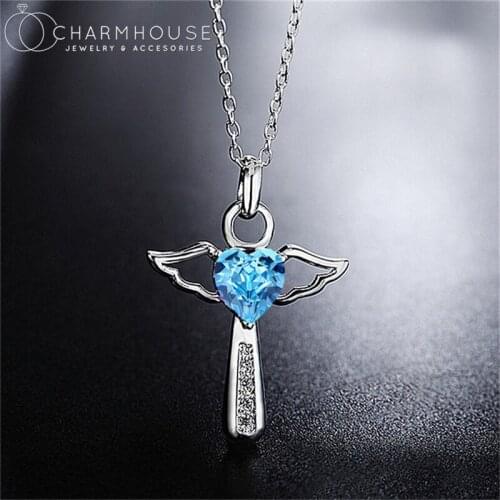 Charm Necklaces For Women Pure Silver Angel Wing Heart Crystal Pendant & Necklace Choker Collier Wedding Jewelry Accesories Gift