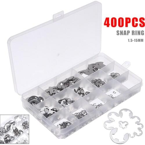 400Pcs M1.5-M15 E-Type Circlips Stainless Steel E-Type Washer Gasket Clip Assortment Kit Retaining Ring Split Washers With Box