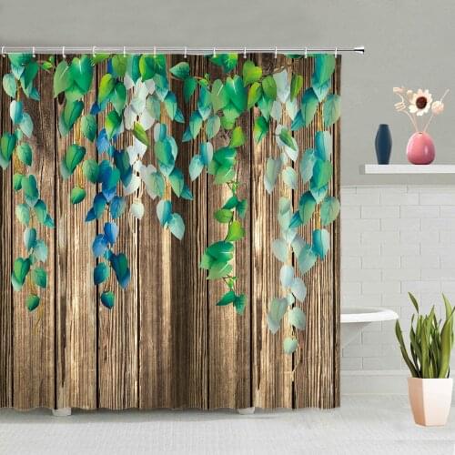 Retro Wooden Board Shower Curtains Green Leaves Flowers Plants Bathroom Decoration Bath Curtain Washable With Hook Home Screen