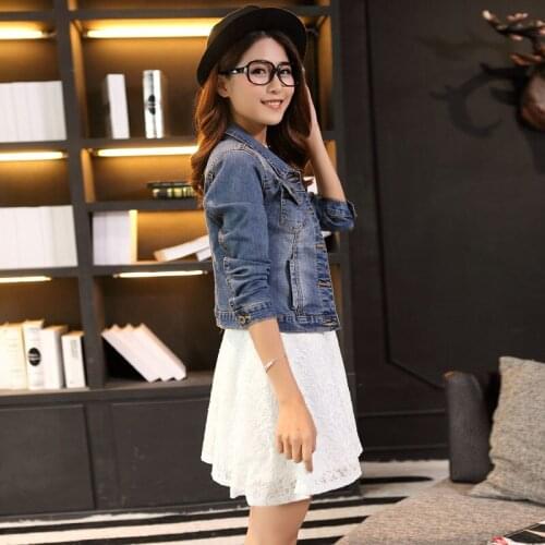Spring Autumn Women Short Jeans Coat Long Sleeve Turn Down Collar Vintage Denim Jacket Casual Outwear -OPK