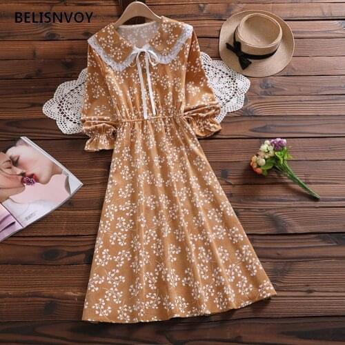 Mori Girl Corduroy Cute Floral Printed Women Dresses Lace Peter Pan Collar Ribbon Midi Dress Autumn Spring Fashion Vestidos