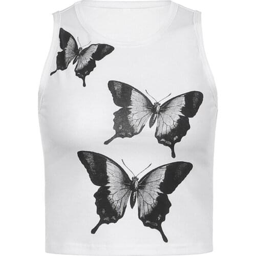 Women Sleeveless Crop Tank Top Harajuku Irregular Butterfly Print Racerback Vest