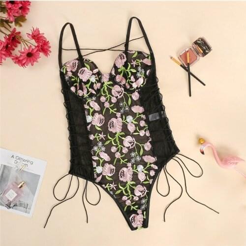 Fashion One Piece Lingerie Womens sexy Embroidery lingerie Flowers transparent lingerie Embroidered Mesh Sheer Lingerie
