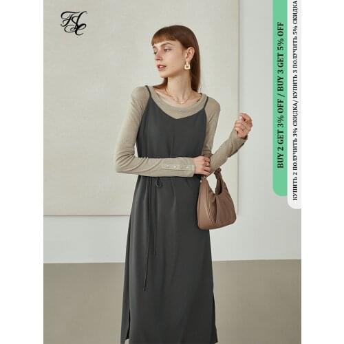 FANSILANEN Office Lady Newly Autumn 2021 Women Clothing Dark Brown Color Temperament Suspender Dress Tether Slit Long Skirt