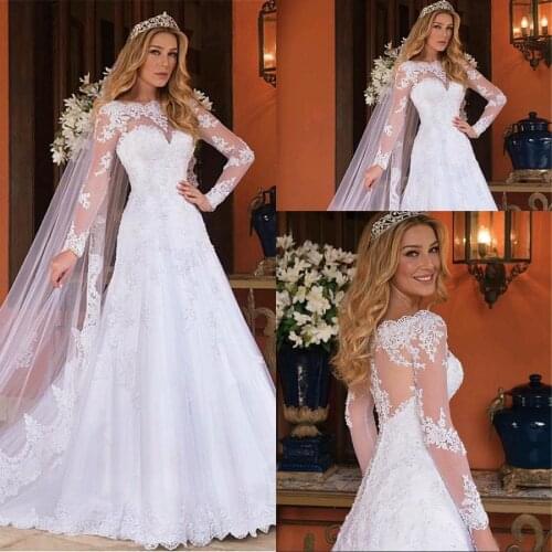Elegant Tulle A-line Arabic Wedding Dresses Long Sleeves With Lace Appliques & Beadings Wedding Gowns vestidos de novia 2021