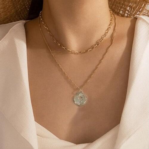 Vintage Portrait Pendant Necklaces for Women Multi-layered Coin Clavicle Chains Necklace Choker Aesthetic Jewelry for Women 2021