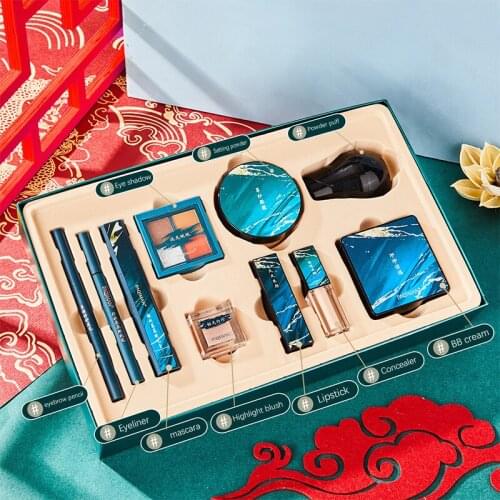 10pcs/set Makeup Cosmetic Set Oriental Style Beauty Gift Box Kit Velvet Lipstick Concealer Eye Shadow Setting Powder Foundation