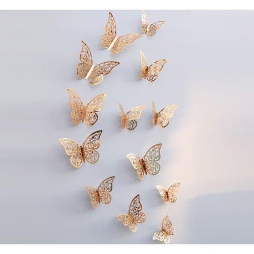 12pcs Rose Red/Champagne/Gold/Silver/Blue 3D Butterflies Wall Stickers Hollow Butterfly Wall Sticker for Home Wedding Decoration