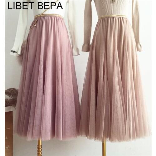 2021 New Women Mesh Flared long Ladies Ball Gown Pleated Skirt Fashion Vintage Female Mid-Calf Tutu Skirts High Waist SK6090