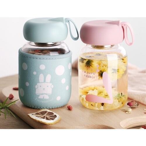 380ml Glass Cup for Tea Travel Mug Rabbit Cups Tumbler w/t Infuser & Carry Handle Heat Resistant glass cups mugs