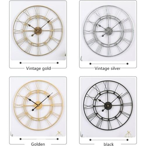 40/60CM Nordic Metal Roman Numeral Wall Clocks Retro Iron Round Face Black Gold Large Outdoor Garden Clock Home Decoration