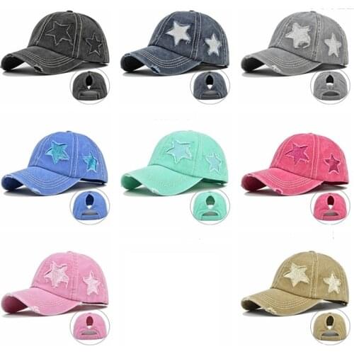Womens Mens Baseball Cap For Men New Hole Light Pigtail Womens Hat Ponytail Flash Five Pointed Star Baseball Wash Old Kpop