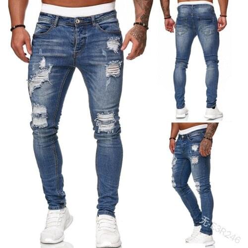 Pants Mens Plus Size Skinny Casual Ripped Hole Patchwork Jeans Slim Pencil Denim Bandage Trousers Autumn Winter Streetwear Men