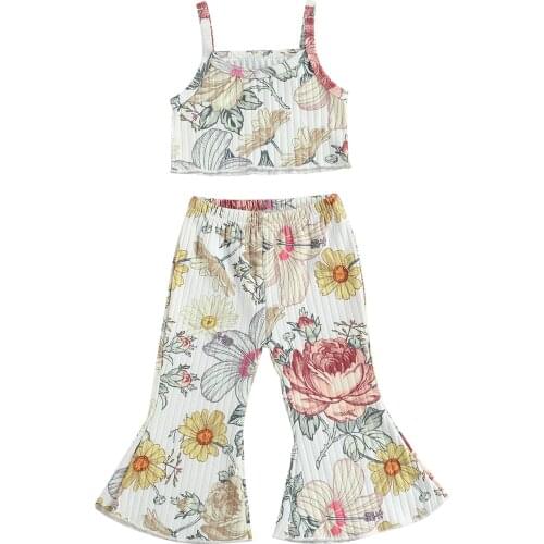 Kids Baby Girl Summer Outfits Floral 2-Piece Sleeveless Straps Crop Tank Tops+Flare Pants Casual Fashion Child Girl Clothes 1-6Y