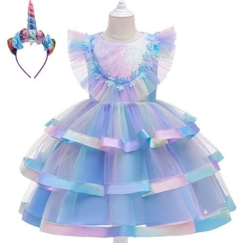 Girls Party Dress Kids Elegant Sequin Cake Princess Dresses Children Christmas Wedding Embroidery Rainbow Gradient Clothing