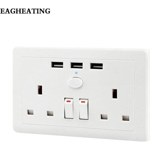 Double Wall 2 Gang USB Socket with 3 USB Fast Charger Ports Plug Switch Plate 13A 250V UK