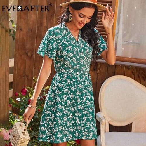 EVERAFTER Elegant Floral Print Dress Women V-neck Short Sleeve Sashe Ruffled High Waist Mini Dress Summer Holiday Beach Sundress