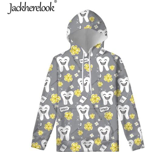 Jackherelook Cute Cartoon Teeth Floral Dental/Dentist Brand Design Harajuku Hoodie With Pocket Womens Streetwear Jacket Hoodies
