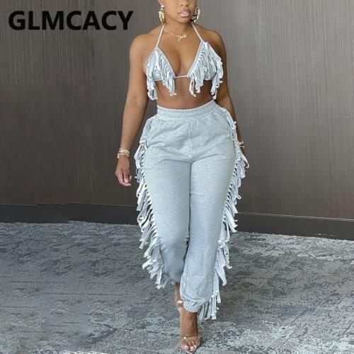 Two Piece Fringed Tassels Suits Halter Bra Top & Casual Pants Set