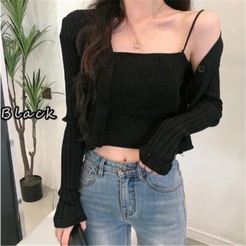 Korean Style Two Piece Set Cardigan Women Sexy Autumn Candy Color Long Sleeve Ribbed Knitted Cropped Sweater and Matching Vest