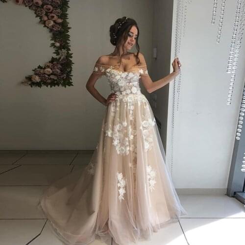 Champagne Off the Shoulder A-line Bridal Dress Lace Up with Button Ivory Lace Applique Bridal Dress Vestidos De Fiesta Largos