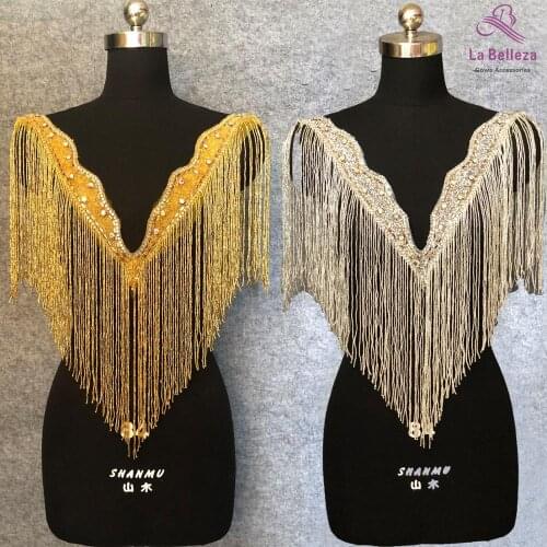 La Belleza Deep V-neck patch,fringe appliques,silver beads patch,crystal appliques,wedding gown appliques,Gold beaded patch