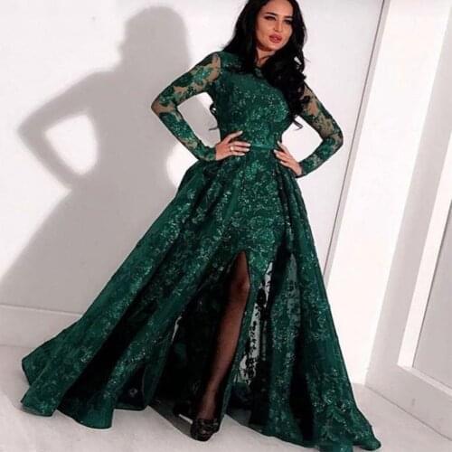 Lorie Long Sleeve Green Mermaid Formal Evening Gown with Overskirt 2020 Jewel Neck Split Sexy Full Lace Arabic Prom Dresses
